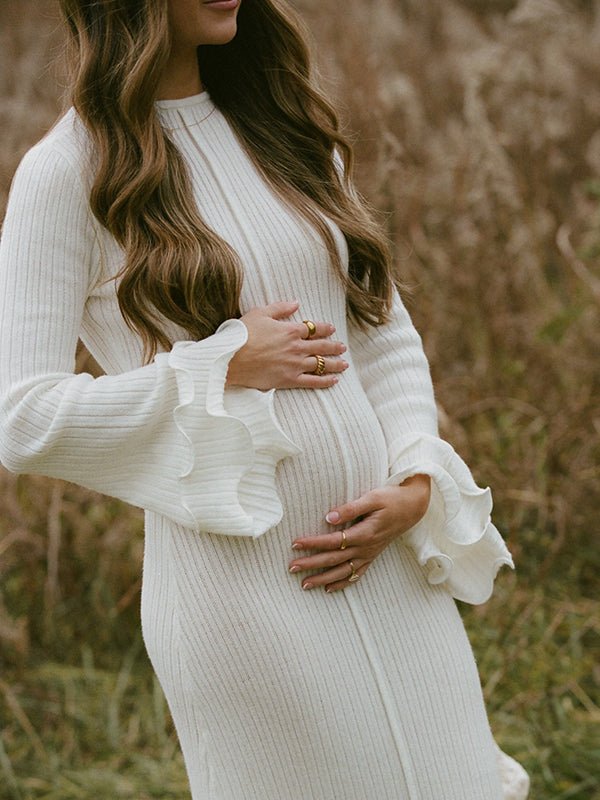 White Knit Pleated Tie Back Ruffle Falbala Frill Hem Backless Big Swing Elegant Cocktail Party Gown Maternity Photoshoot Baby Shower Maxi Dress for Maternity