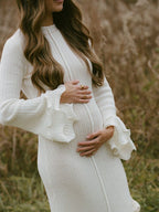 White Knit Pleated Tie Back Ruffle Falbala Frill Hem Backless Big Swing Elegant Cocktail Party Gown Maternity Photoshoot Baby Shower Maxi Dress for Maternity