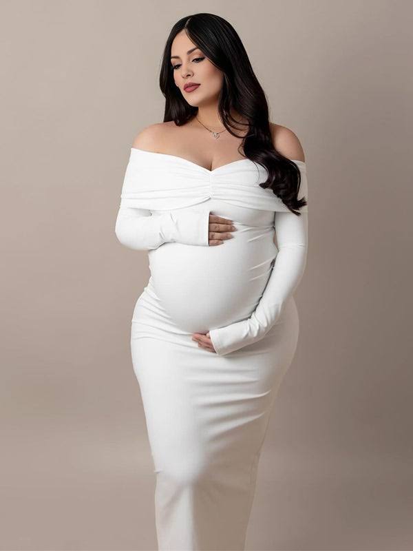White Ruched Off Shoulder Backless Bowknot Bandeau Bodycon Mermaid Cocktail Party Bandage Babyshower Gowns Photoshoot Maternity Maxi Dress for Maternity