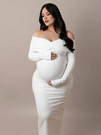 White Ruched Off Shoulder Backless Bowknot Bandeau Bodycon Mermaid Cocktail Party Bandage Babyshower Gowns Photoshoot Maternity Maxi Dress for Maternity
