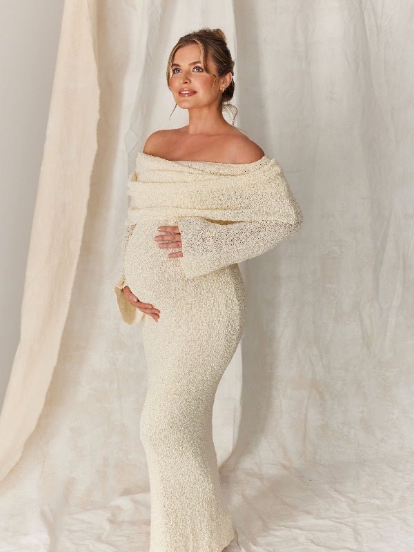 Solid Color Off Shoulder Hollow Out Knitwear Bodycon Beach Vacation Dress Baby Shower Maternity Maxi Dress for Maternity