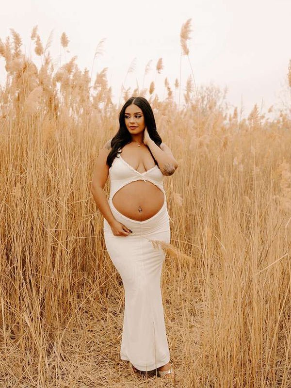 White Spaghetti Strap Backless Ruffle Crop Bodycon Cocktail Party Gown Photoshoot Maternity Maxi Dress for Maternity