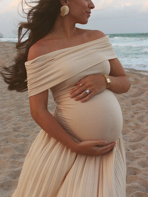 Apricot Off Shoulder Ruched Pleated Big Swing Maternity Baby Shower Maxi Dress for Maternity