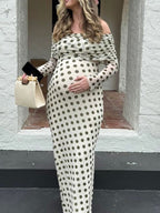 White Off Shoulder Olive Green Polka Dot Bodycon Boho Photoshoot Baby Shower Maternity Maxi Dress for Maternity