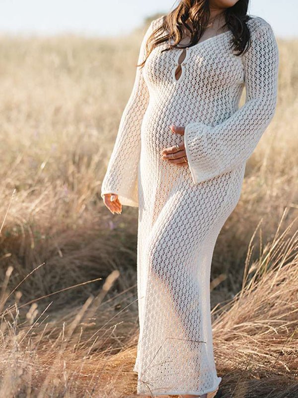 White Cut Out Backless Flare Sleeve Beach Cover Up Photoshoot Western Maternity Maxi Dress for Maternity