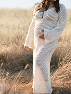 White Cut Out Backless Flare Sleeve Beach Cover Up Photoshoot Western Maternity Maxi Dress for Maternity