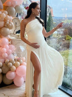 White One Shoulder Ruched Side Slit Big Swing Maternity Maxi Dress for Maternity