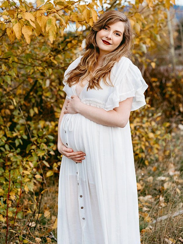 White Deep V Neck Button Down Boho Beach Bikini Cover Up Dress Party Photoshoot Maternity Dress for Maternity