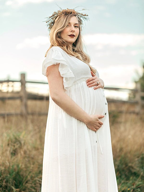 White Deep V Neck Button Down Boho Beach Bikini Cover Up Dress Party Photoshoot Maternity Dress for Maternity