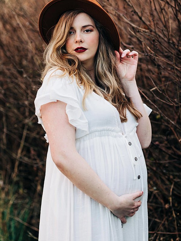 White Deep V Neck Button Down Boho Beach Bikini Cover Up Dress Party Photoshoot Maternity Dress for Maternity