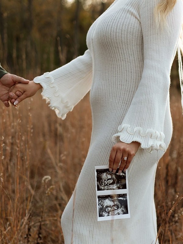 White Knit Pleated Tie Back Ruffle Falbala Frill Hem Backless Big Swing Elegant Cocktail Party Gown Maternity Photoshoot Baby Shower Maxi Dress for Maternity