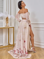 Two Piece Boho Flower Printing Off Shoulder Chiffon Crop Bandeau Photoshoot Maternity Maxi Dress for Maternity