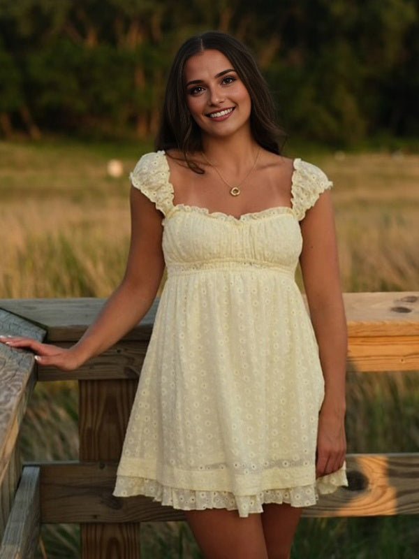 Chic Yellow Eyelet Embroidery Falbala A-line Photoshoot Maternity Mini Dress for Maternity