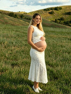 Ivory-white Round Neck Wavy Edge Two Piece Fashion Bodycon Vacation Photoshoot Maternity Midi Dress for Maternity