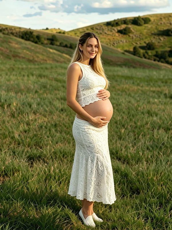Ivory-white Round Neck Wavy Edge Two Piece Fashion Bodycon Vacation Photoshoot Maternity Midi Dress for Maternity