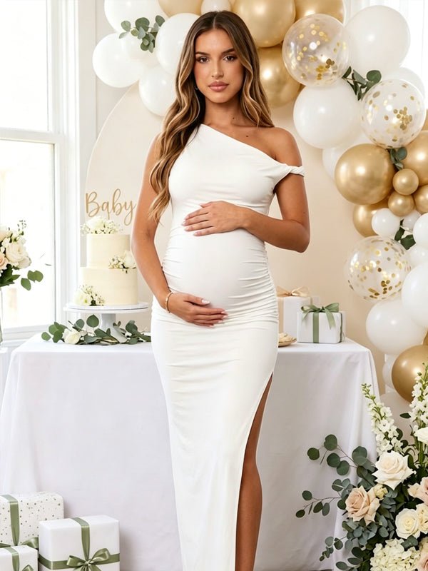One Shoulder Ruched Side Slit Bodycon Maternity Maxi Dress for Maternity