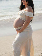 Ivory White Two Piece Set Off Shoulder Ruffle Falbala Bodycon Elegant Maternity Boho Photoshoot Baby Shower Maxi Dress for Maternity