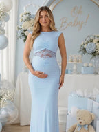 Lace Ruched Splicing Lace Up Maternity Baby Shower Maxi Dress for Maternity