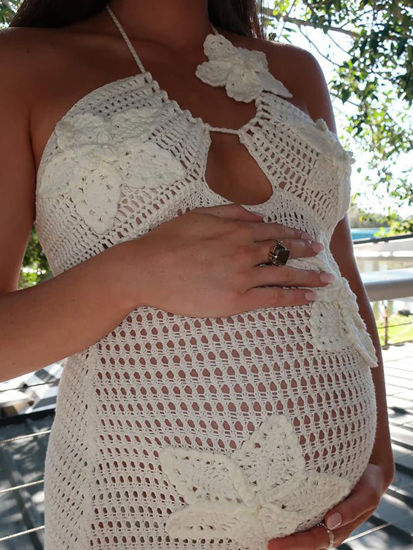 Crochet Hollow Out 3d Flowes Cut Out Halter Neck Cami Bodycon Elegant Baby Moon Beach Maternity Photoshoot Baby Shower Maxi Dress for Maternity