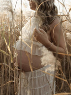 Beige 2 Piece Smocked Ruffle Backless Flowy Elegant Vacation Beach Photoshoot Maternity Maxi Dress for Maternity