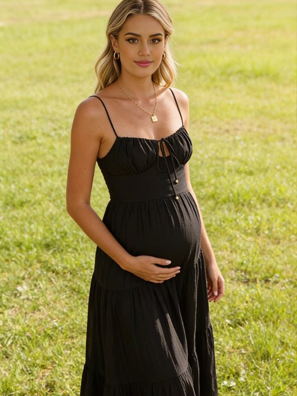 Spaghetti Strap Splicing Lace Up Open Back Maternity Photoshoot Maxi Dress for Maternity