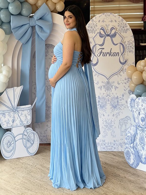 Belt Lace Up Maternity Baby Shower Maxi Dress for Maternity