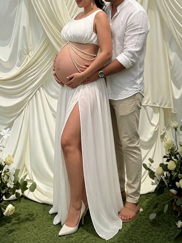 White Side Slit Ruched Two Piece Maternity Baby Shower Maxi Dress for Maternity
