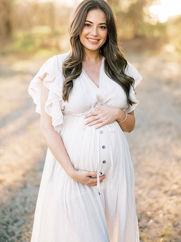 White Deep V Neck Button Down Boho Beach Bikini Cover Up Dress Party Photoshoot Maternity Dress for Maternity