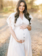 White Deep V Neck Button Down Boho Beach Bikini Cover Up Dress Party Photoshoot Maternity Dress for Maternity