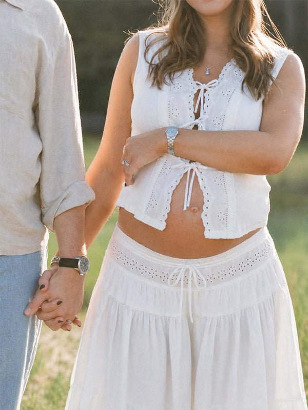 White Lace Up Openwork Lace Two Piece Maternity Photoshoot Maxi Dress for Maternity