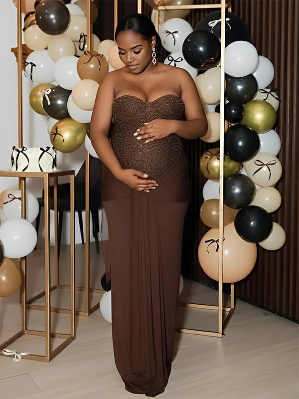 Sequin Bandeau Ruched Knot Draped Bodycon Maternity Maxi Dress for Maternity
