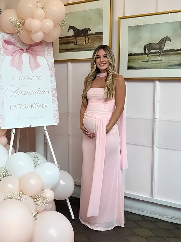 Pink Mesh Ruched Bandeau Crop Draped Two Piece Set Maternity Maxi Dress for Maternity