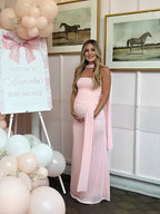 Pink Mesh Ruched Bandeau Crop Draped Two Piece Set Maternity Maxi Dress for Maternity