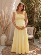 Fashion Yellow A-line Falbala Shirring Two Piece Photoshoot Maternity Maxi Dress for Maternity