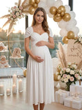 White Cross Chest Bodice Ruched A-line Maternity Midi Dress for Maternity