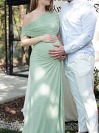 Green Oblique Shoulder Ruched Bodycon Backless Maternity Baby Shower Maxi Dress for Maternity