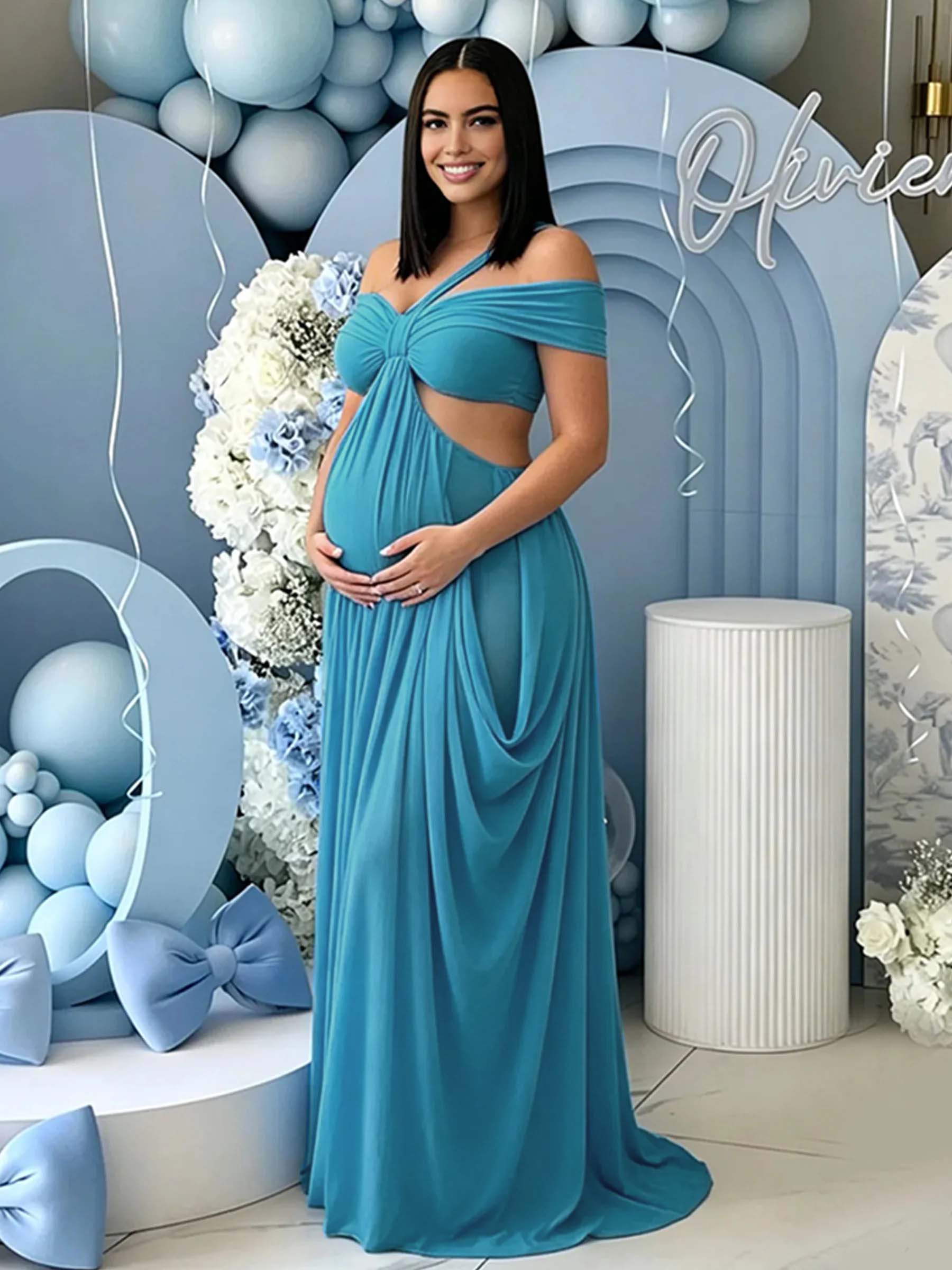 Off-shoulder Grenadine Ruffle Blue Photoshoot Maternity Maxi Dress for Maternity
