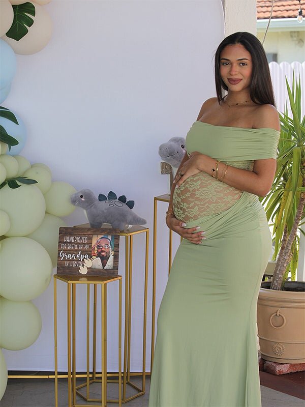 Green Off Shoulder Lace Sheer Splicing Ruched Baby Shower Maternity Maxi Dress for Maternity