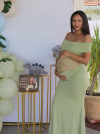 Green Off Shoulder Lace Sheer Splicing Ruched Baby Shower Maternity Maxi Dress for Maternity