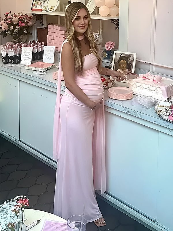 Pink Mesh Ruched Bandeau Crop Draped Two Piece Set Maternity Maxi Dress for Maternity