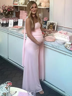 Pink Mesh Ruched Bandeau Crop Draped Two Piece Set Maternity Maxi Dress for Maternity