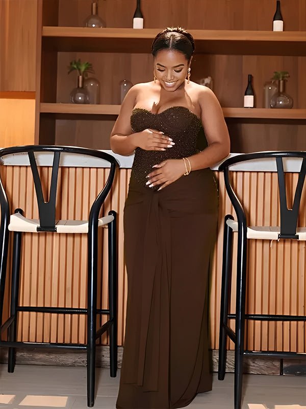 Sequin Bandeau Ruched Knot Draped Bodycon Maternity Maxi Dress for Maternity