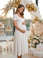 White Cross Chest Bodice Ruched A-line Maternity Midi Dress for Maternity