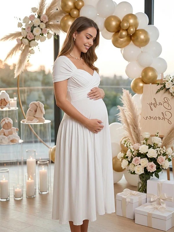 White Cross Chest Bodice Ruched A-line Maternity Midi Dress for Maternity