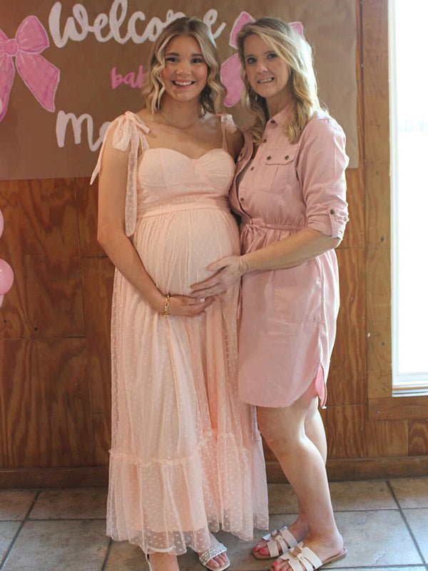 Light Pink Polka Dot Bow Ruffle Falbala Tie-shoulder A-line Tulle Princess Dress Maxi Dress for Maternity