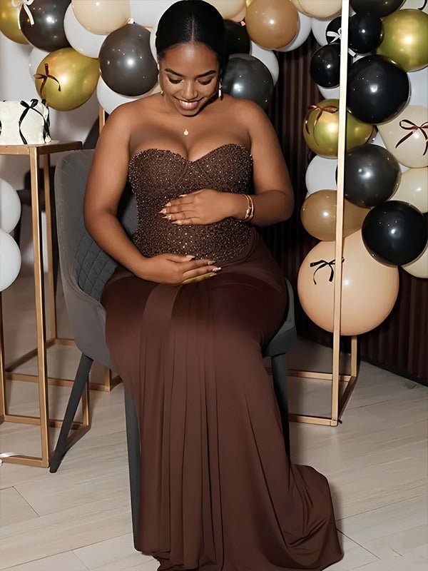 Sequin Bandeau Ruched Knot Draped Bodycon Maternity Maxi Dress for Maternity