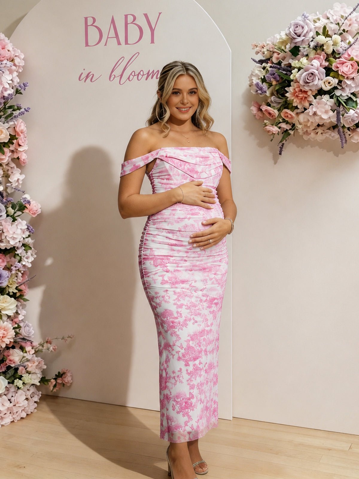 Floral Boning Ruched Mesh Off Shoulder Bodycon Baby Shower Maternity Maxi Dress for Maternity