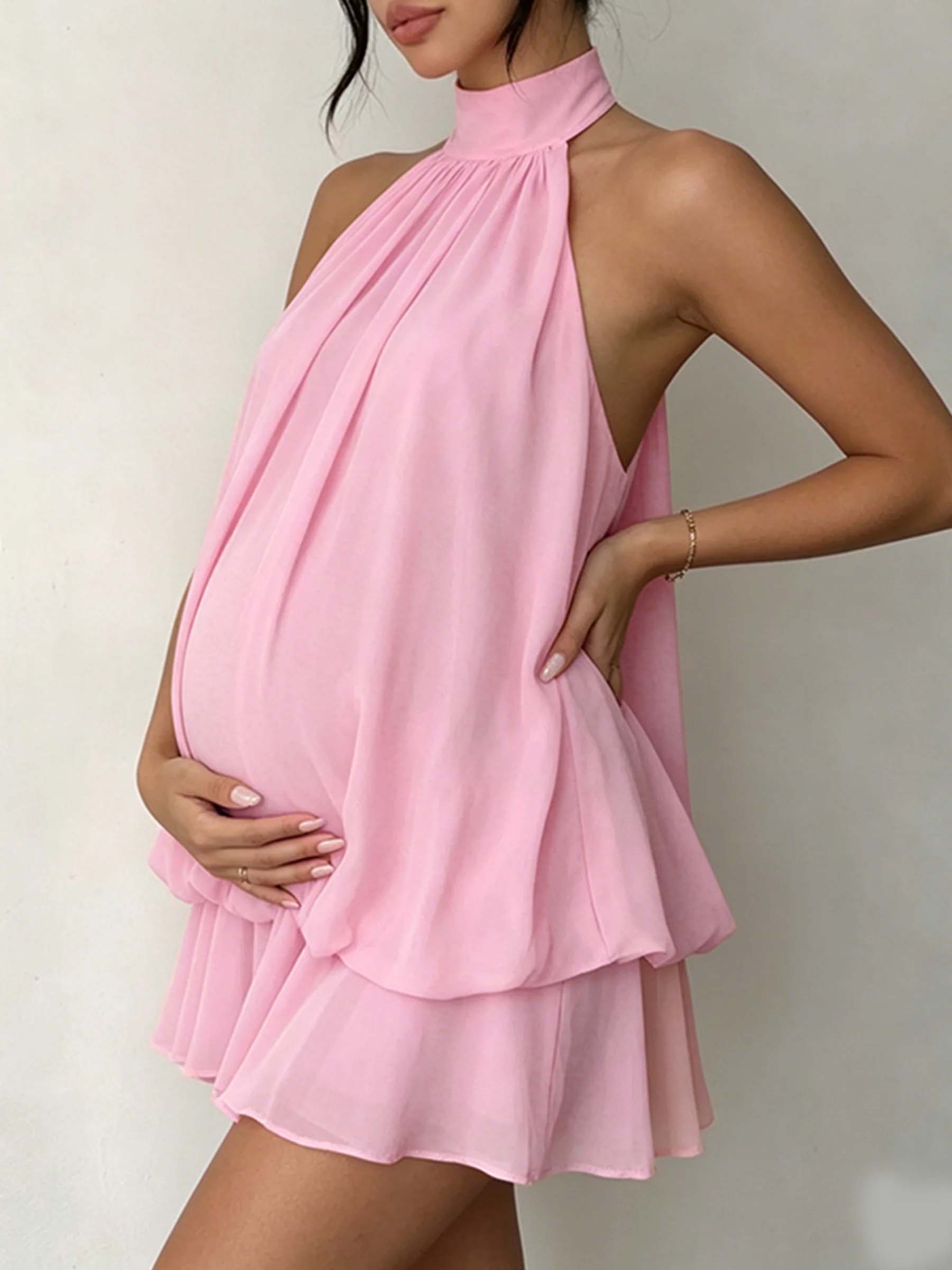 Lace-up Peplum Backless Halter Neck Chiffon Pink Blue Baby Shower Photoshoot Maternity Mini Dress for Maternity