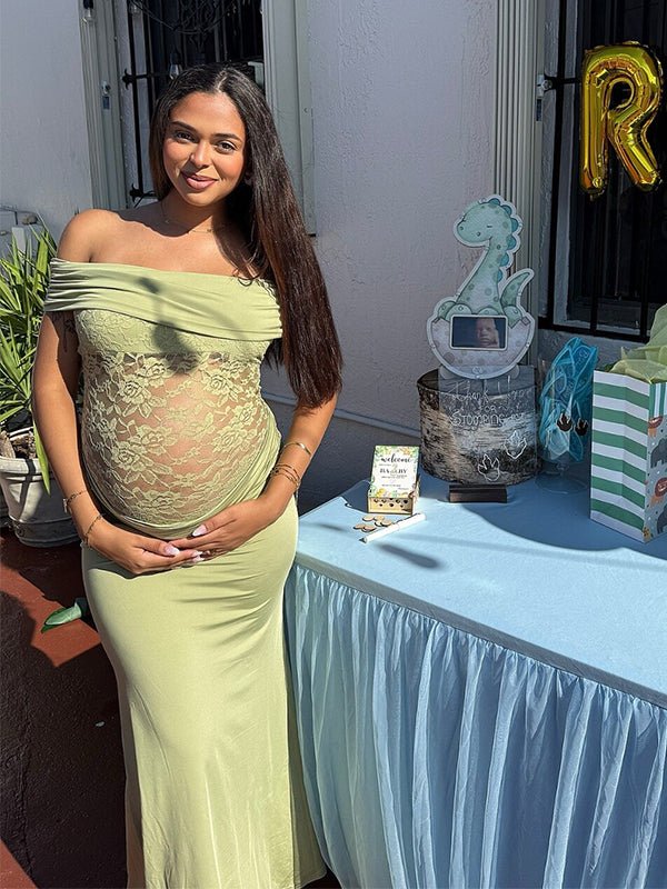 Green Off Shoulder Lace Sheer Splicing Ruched Baby Shower Maternity Maxi Dress for Maternity
