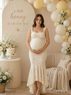 Elegant Beige Ruched Floral Irregular Mermaid Bodycon Maternity Baby Shower Maxi Dress for Maternity